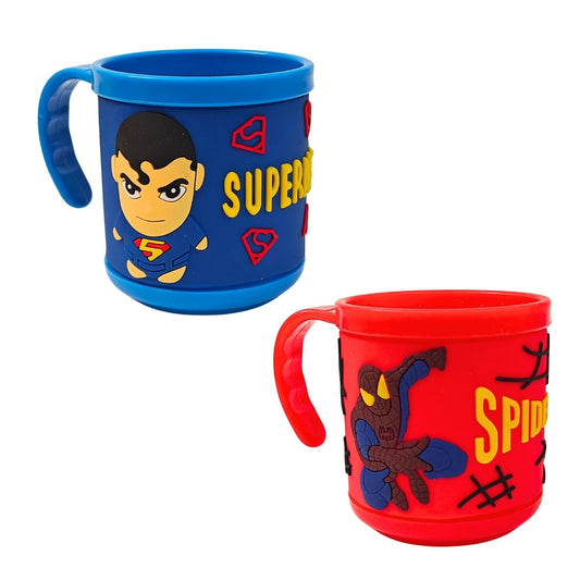 Superman & Spiderman - 3D Rubberized Surface Plastic Cup (Pack of 1 each)