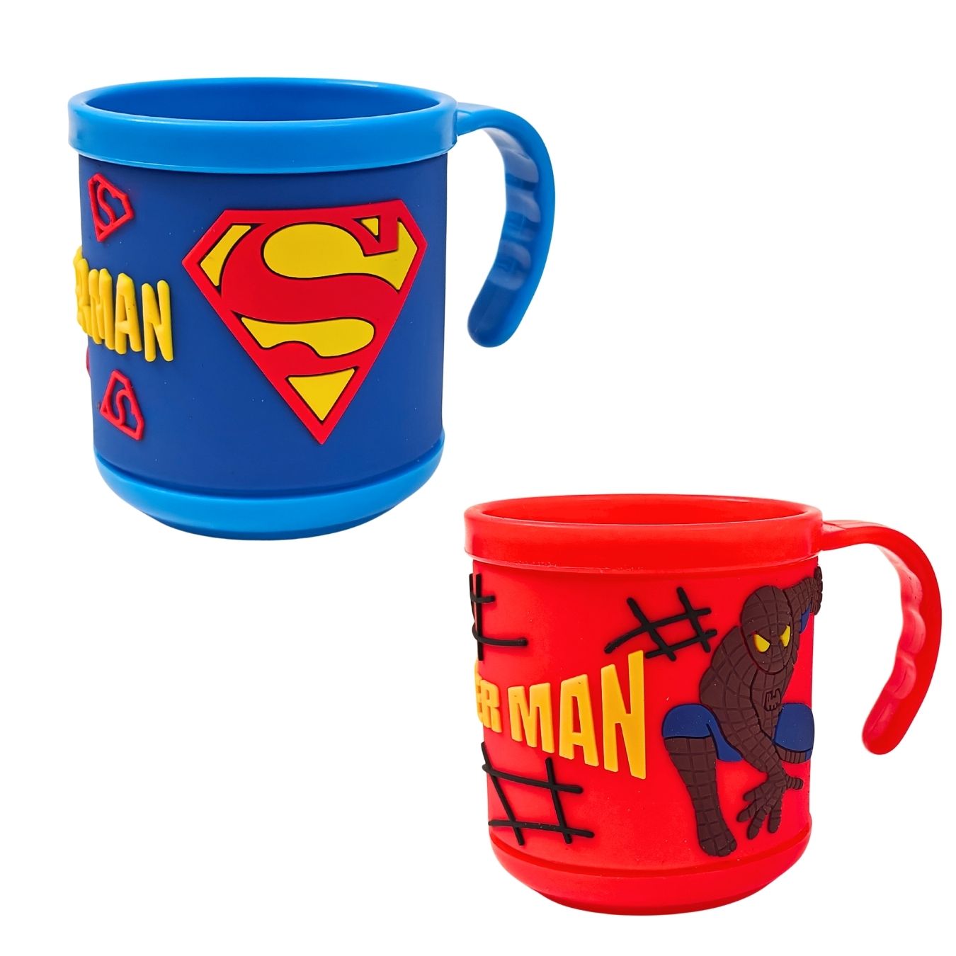 Superman & Spiderman - 3D Rubberized Surface Plastic Cup (Pack of 1 each)