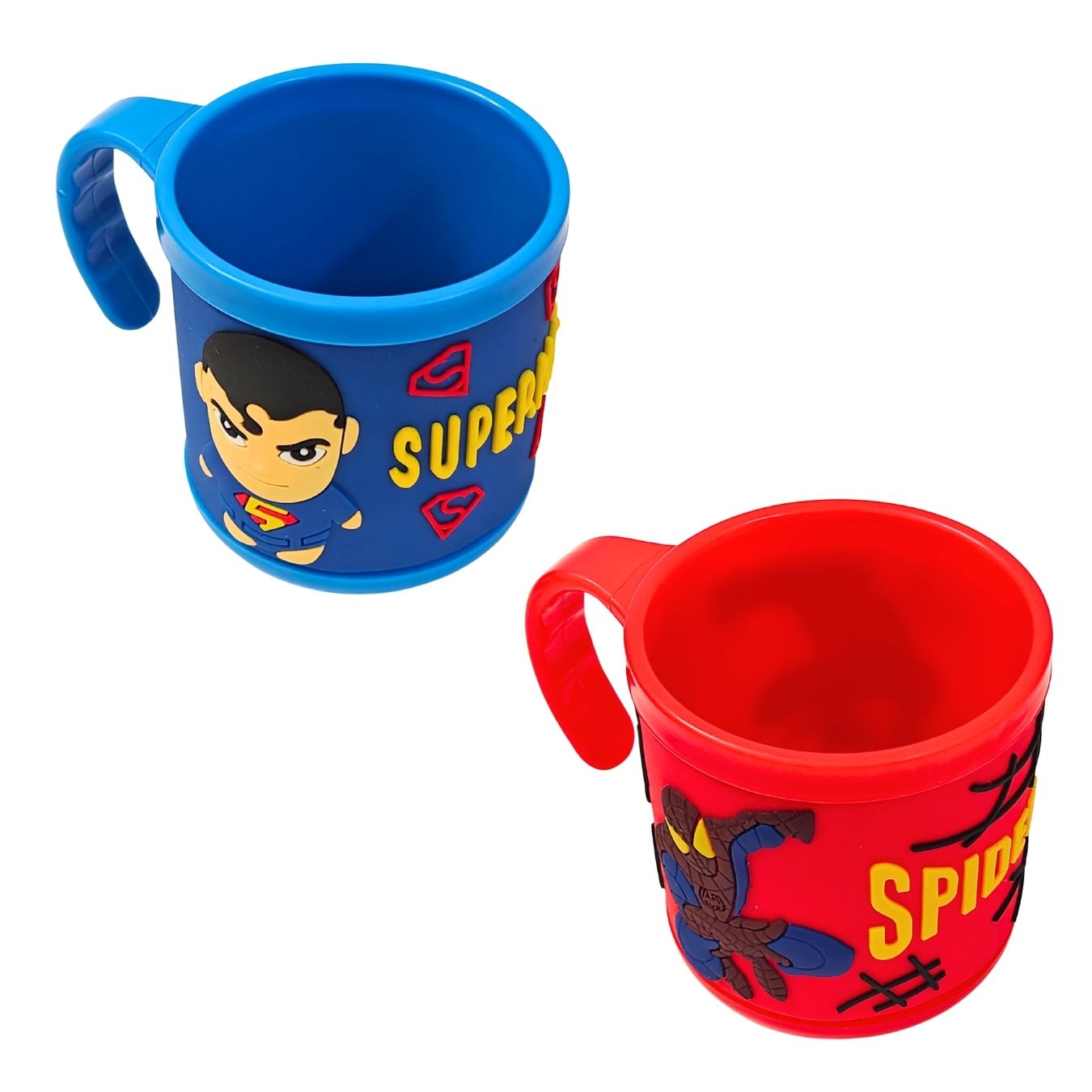 Superman & Spiderman - 3D Rubberized Surface Plastic Cup (Pack of 1 each)