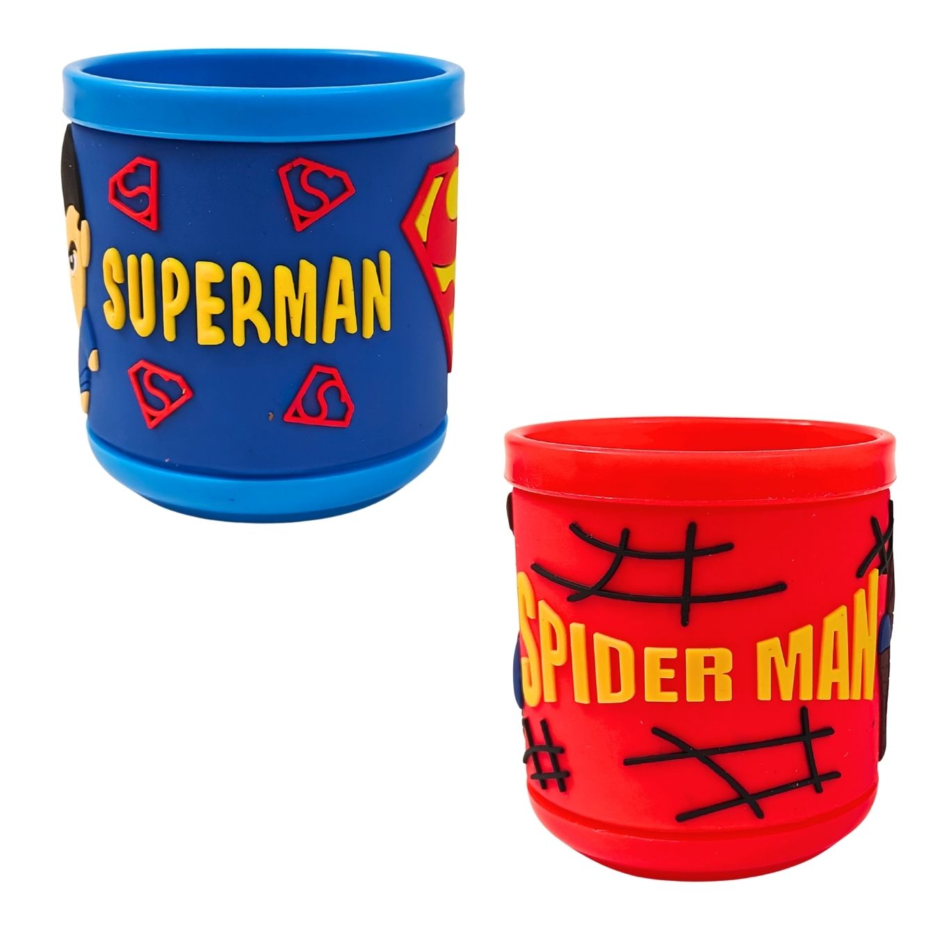 Superman & Spiderman - 3D Rubberized Surface Plastic Cup (Pack of 1 each)