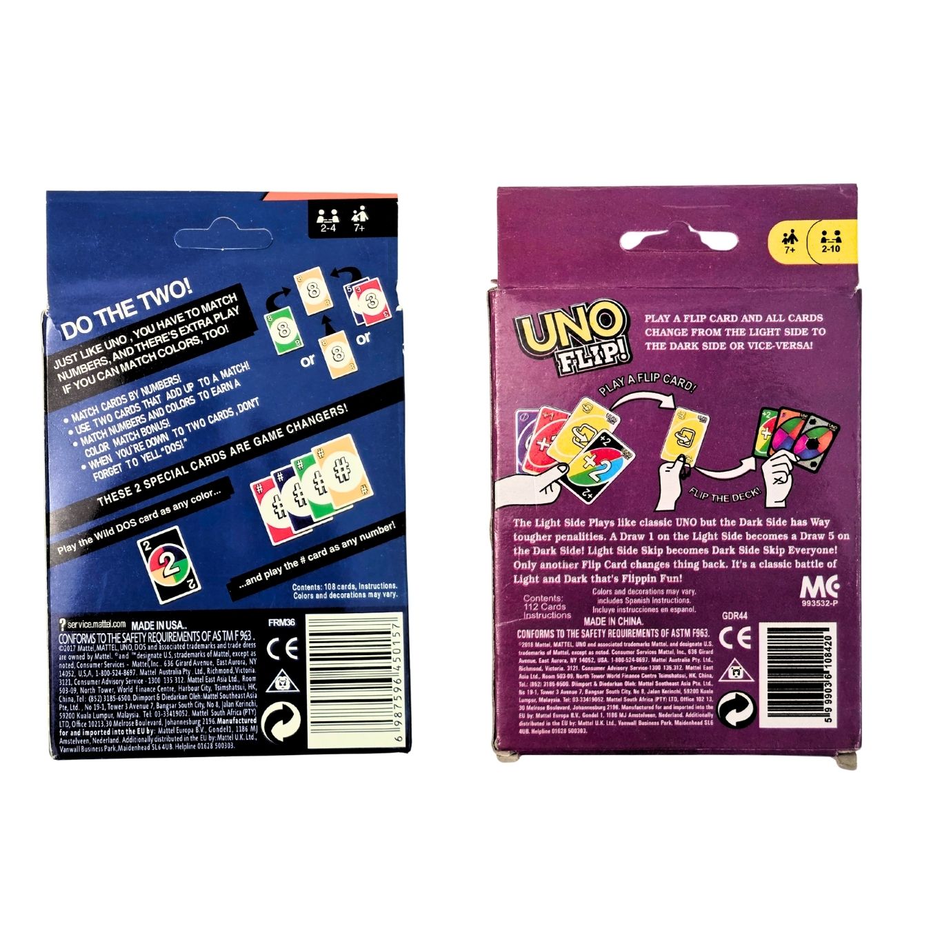 Uno Flip (112 Cards) & Uno DOS (108 Cards) - Playing Card Game (for 7 years & above) - With Instructions