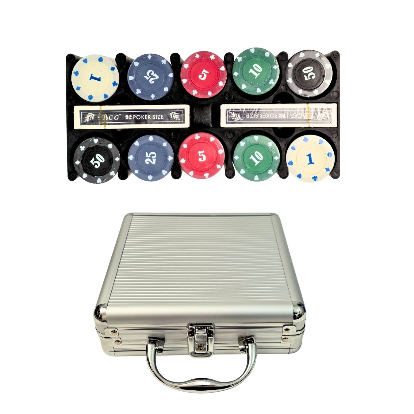 Silver Case Poker Set - Premium Case Includes 100 Casino Size Poker Chips, 2 Card Decks & 5 Dice