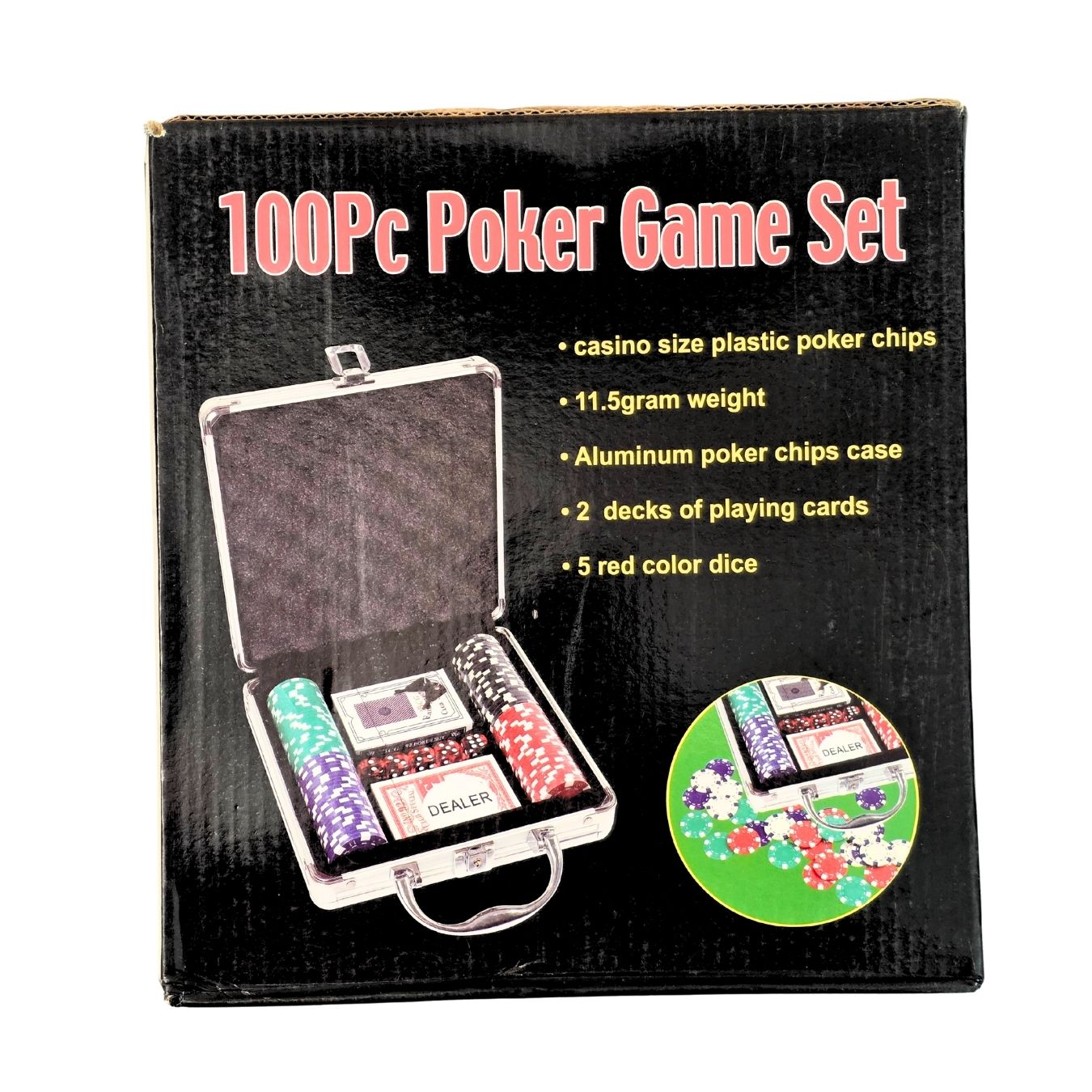 Silver Case Poker Set - Premium Case Includes 100 Casino Size Poker Chips, 2 Card Decks & 5 Dice