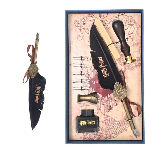 Harry Potter Feather Pen with Stand, 5 Calligraphy Nibs, Ink-pot Wax-seal & Wax-bar - Premium gift pack