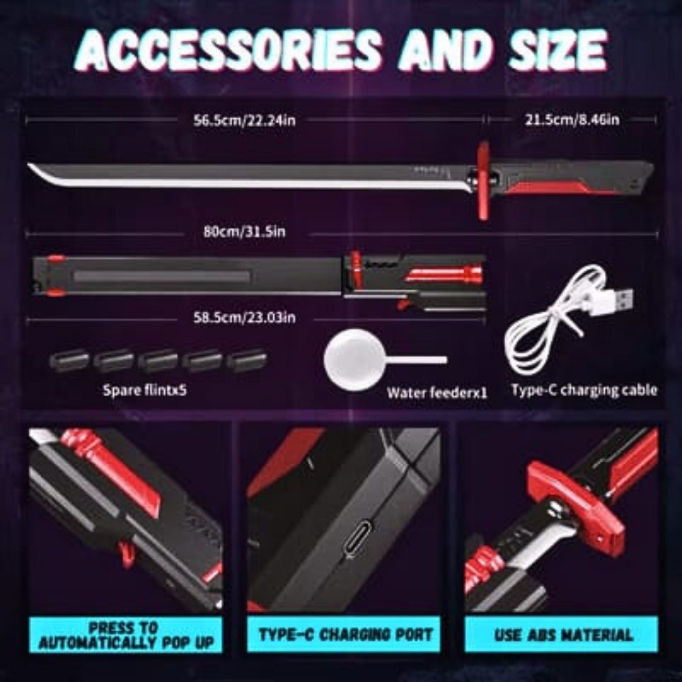 Spark & Smoke Katana/ Sword (80 cm) with RBG Lights, Smoke & Sound effects - for Cosplay