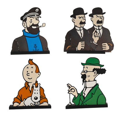Four illustrated character badges or pins arranged in a 2x2 grid on a white background, featuring sailor, suited figures, a boy with a dog, and a man in a green hat and jacket.