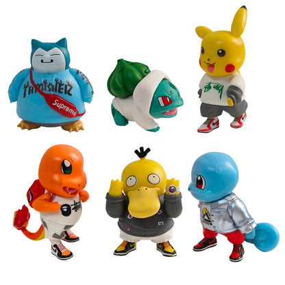 Six colorful toy figurines styled after popular cartoon characters, each wearing a white Supreme graphic t-shirt and matching athletic outfits, arranged on a plain white background.