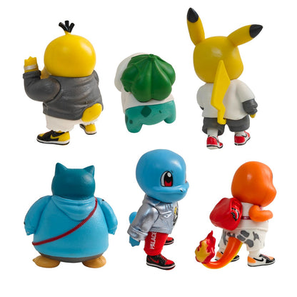 Six Pokémon character figurines shown from the back on a plain white background, including yellow, green, blue, orange, and red characters in casual outfits.