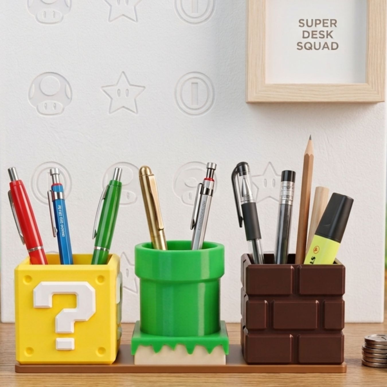 Super Mario Obstacles | 3-in-1 Stationery Stand Set with Base Tray ( 23*7*9 cm)