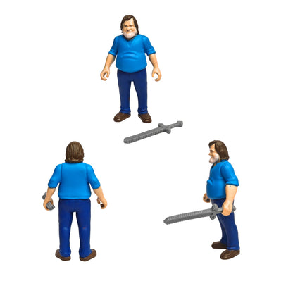 Three views of a cartoon-style action figure on a plain white background: front, back, and side profile, each wearing a bright blue shirt and dark blue pants, with one view showing a gray sword accessory.