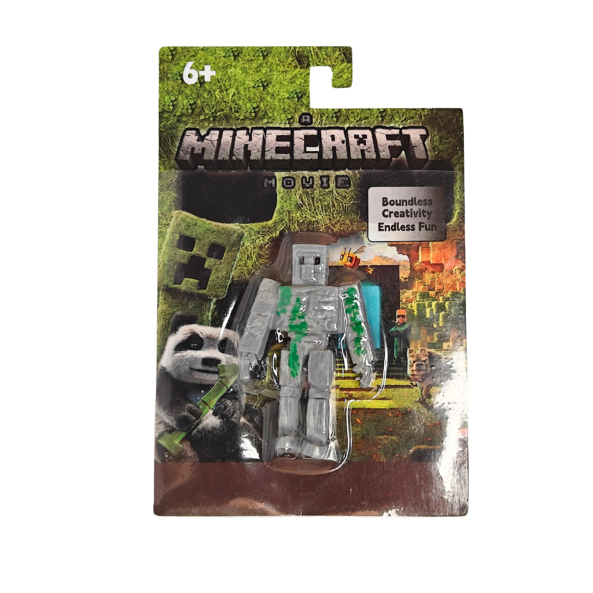 Minecraft Movie action figure of a gray iron golem with green accents, packaged on a cardboard backing with Minecraft branding and a Creeper graphic.