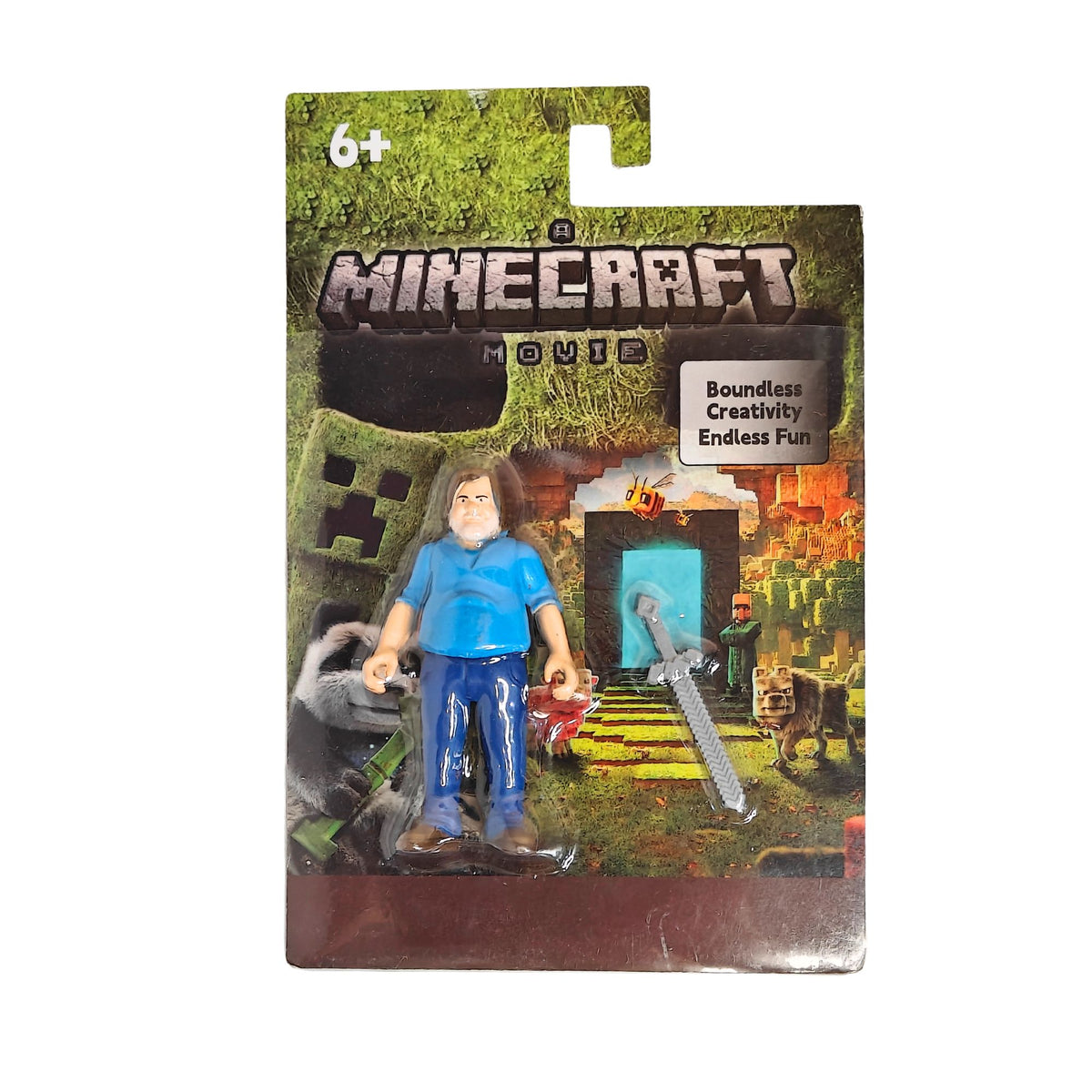 Minecraft Movie Steve action figure in its original packaging, featuring a blue shirt and blue pants with a silver sword accessory.