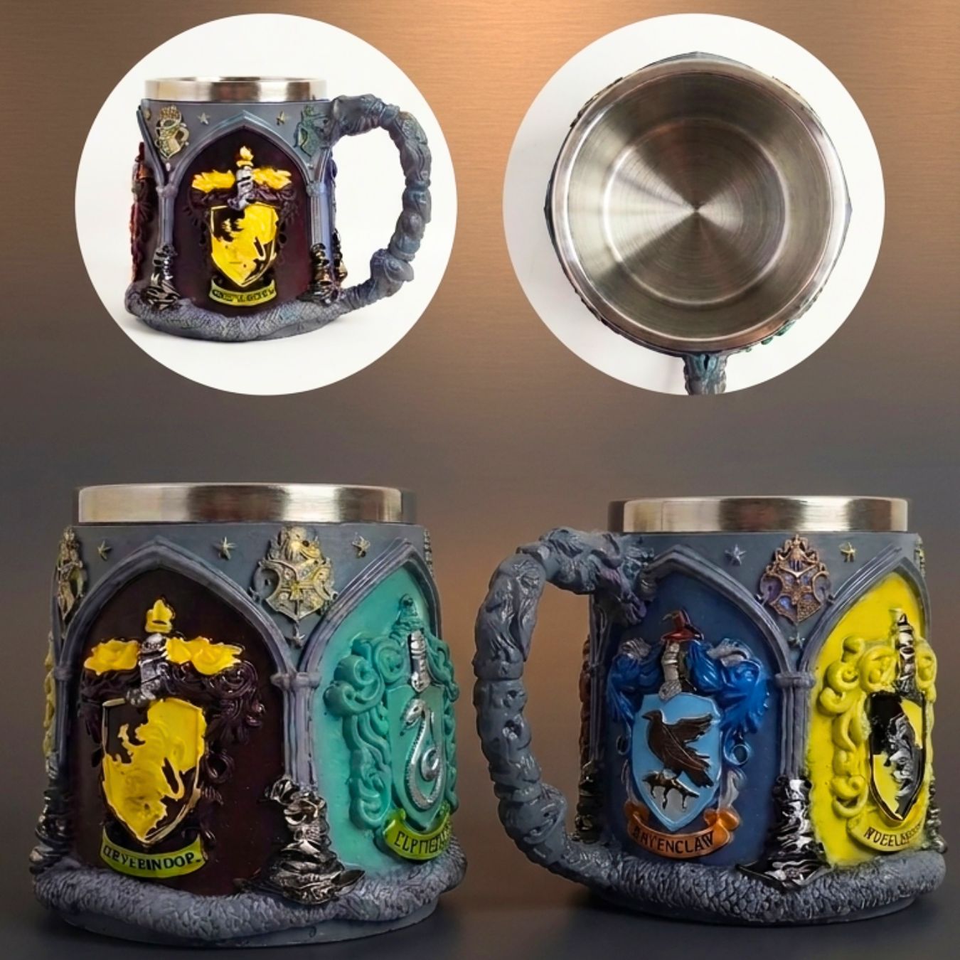 Three views of a Slytherin ceramic mug: a front view, a back view showing the stainless steel handle, and a side view showing the Slytherin crest. The mug features a detailed gray gothic arch design with the Slytherin crest, a textured gray stone handle, and a silver stainless steel rim and handle.