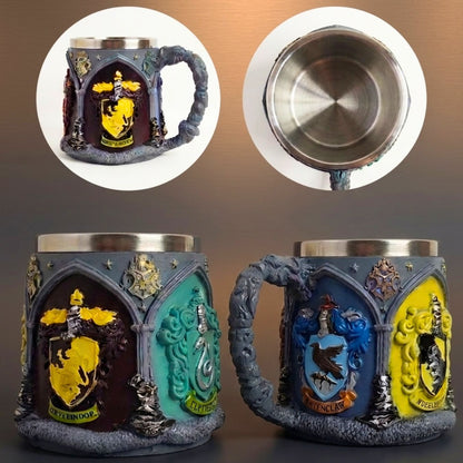 Three views of a Slytherin ceramic mug: a front view, a back view showing the stainless steel handle, and a side view showing the Slytherin crest. The mug features a detailed gray gothic arch design with the Slytherin crest, a textured gray stone handle, and a silver stainless steel rim and handle.