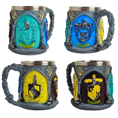 Four Slytherin-themed metal beer steins arranged in a 2x2 grid on a white background, each featuring a different Hogwarts house crest with Slytherin details.