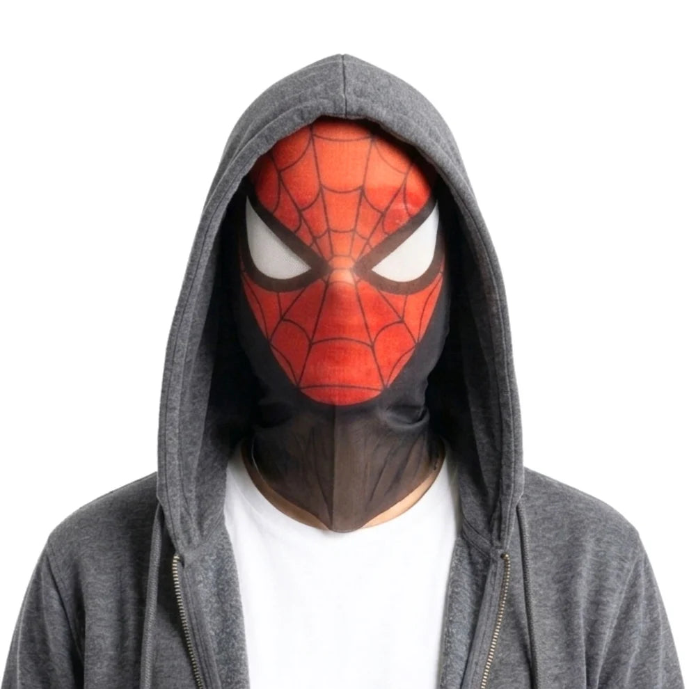 A person wearing a Spider-Man mask over a gray zip-up hoodie and white t-shirt, shown against a plain white background.
