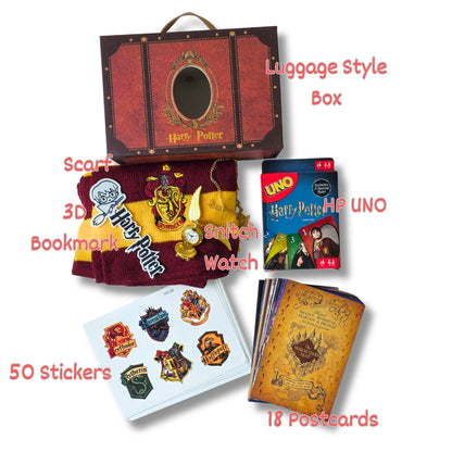 A Harry Potter themed gift set arranged on a white background, including a luggage-style box, a scarf, bookmark, watch, UNO card game, stickers, and postcards, with overlaid text labels.