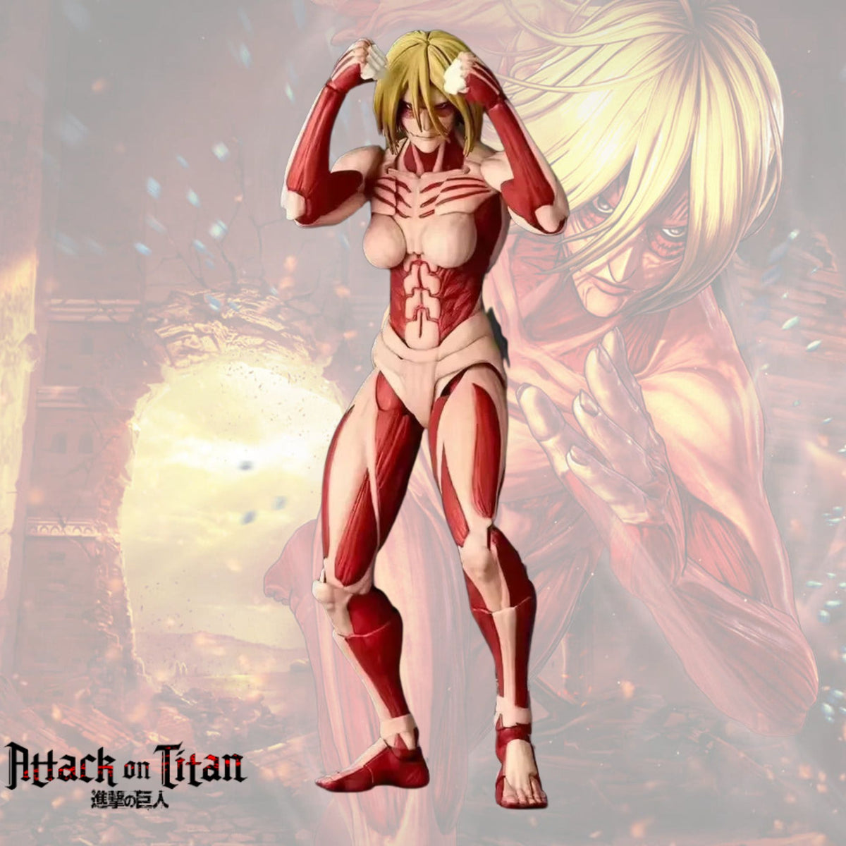 Attack on Titan character figure of a Titan soldier with blonde hair, red and off-white muscle-style armor, posed in front of a faded large Titan illustration. The title 'Attack on Titan' is visible in the lower left corner.