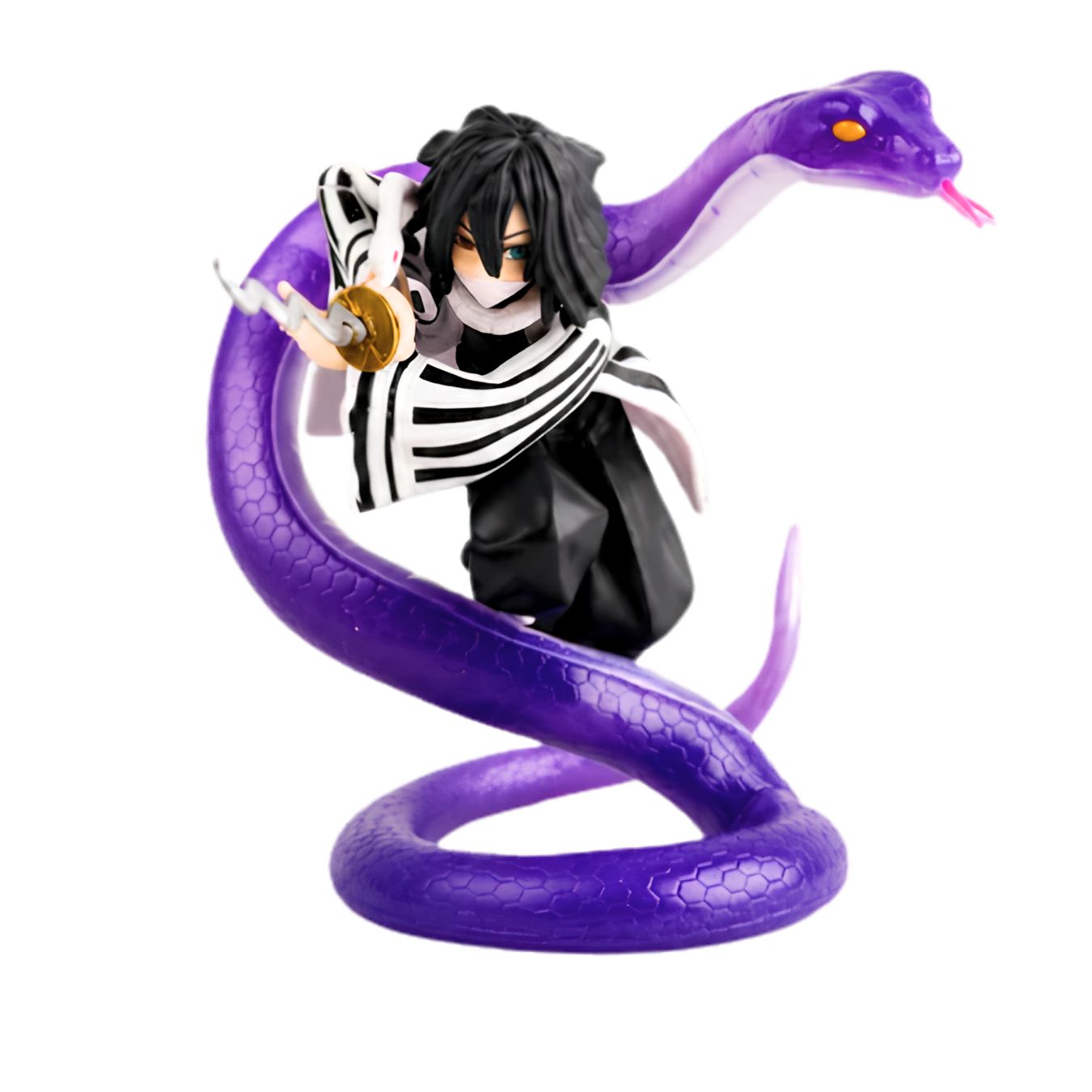 A collectible anime figure of a character with black hair and a striped black-and-white outfit, posed with a large purple snake coiled around them on a plain white background.