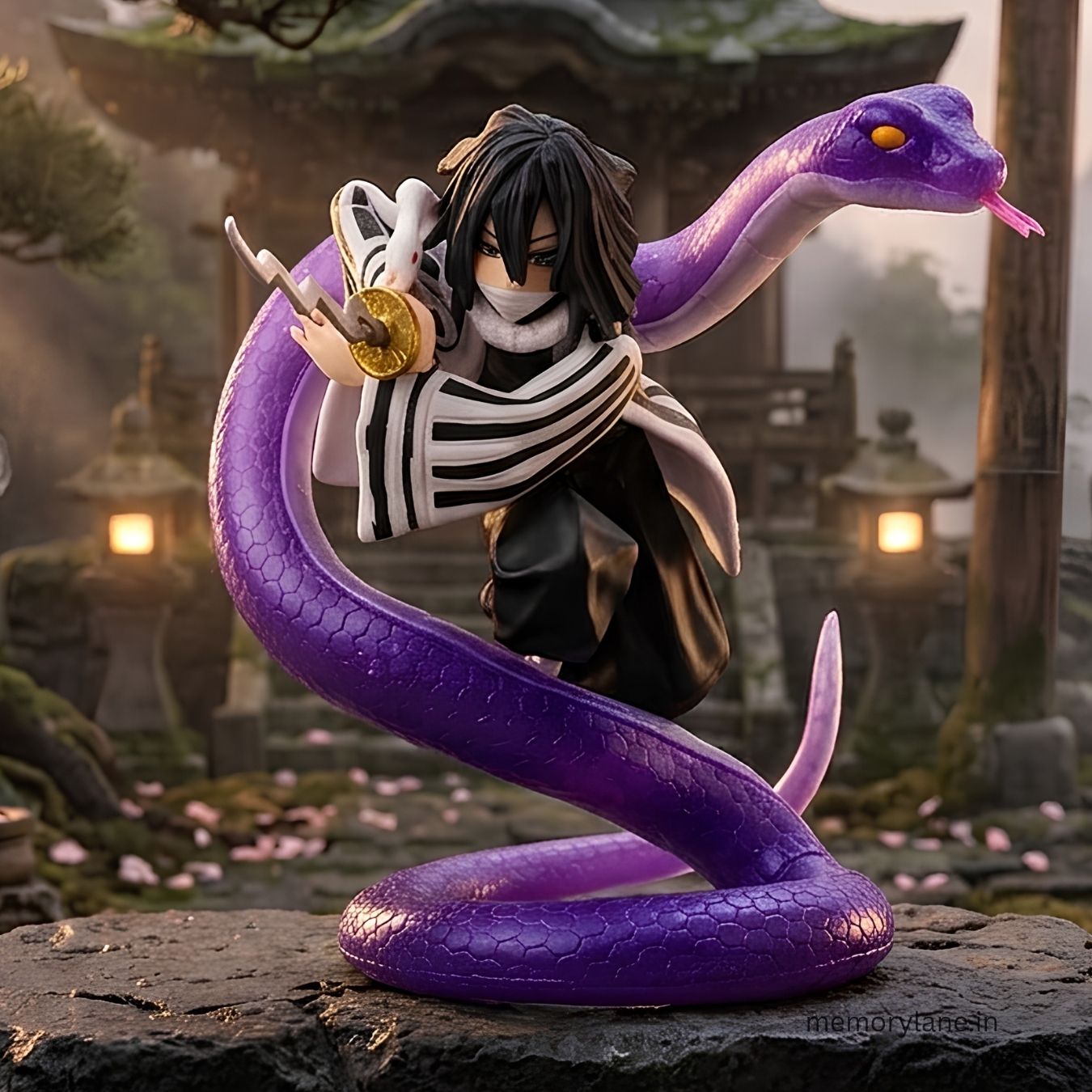 A collectible anime figurine of a dark-haired character in a black-and-white striped outfit wrapped around a large purple snake, posed on a stone surface with a blurred outdoor temple-like background.
