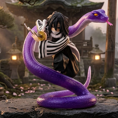 A collectible anime figurine of a dark-haired character in a black-and-white striped outfit wrapped around a large purple snake, posed on a stone surface with a blurred outdoor temple-like background.