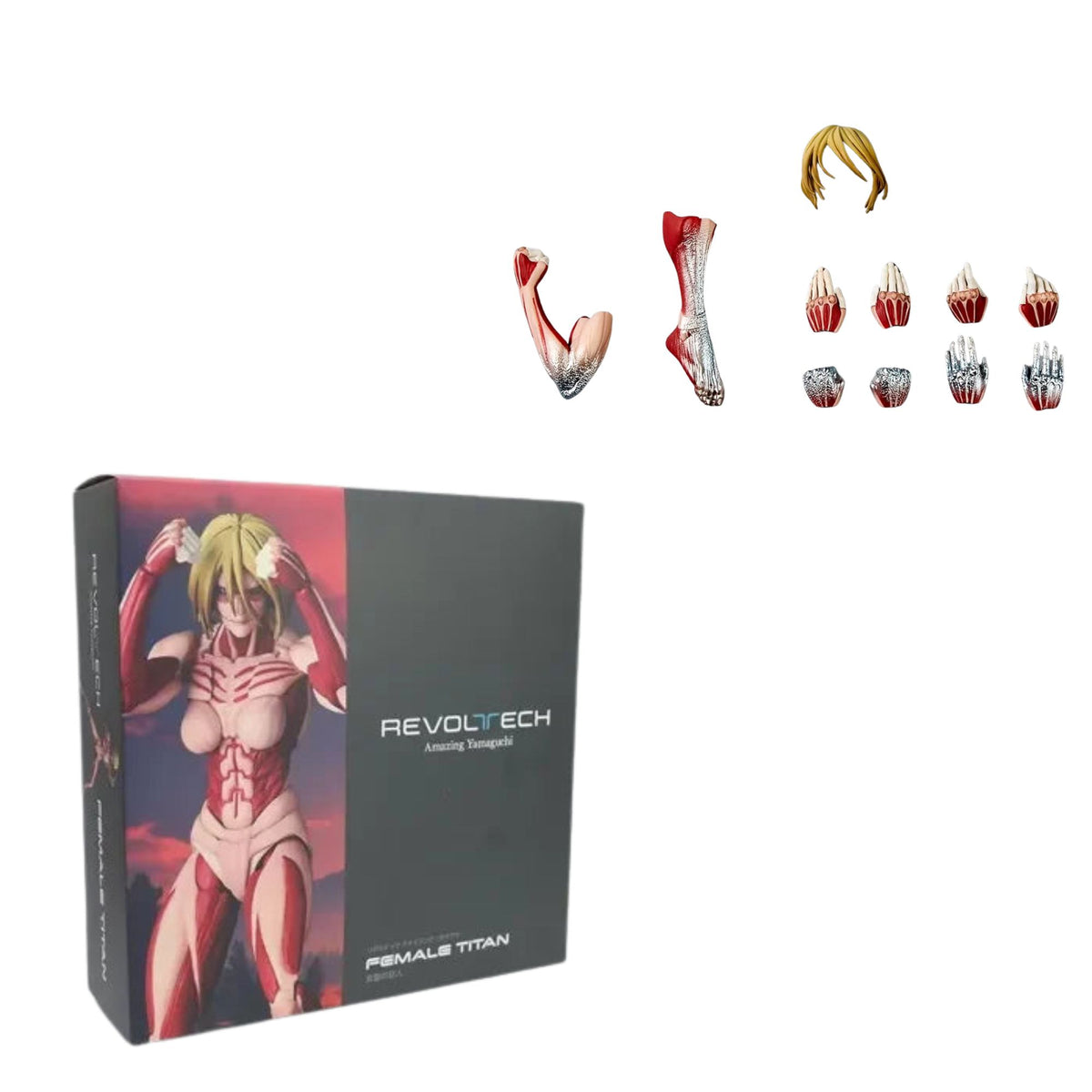 RevoltTech Female Titan action figure accessories shown with the retail box on a white background. The box features an illustration of the figure in a red and pink armored bodysuit with blonde hair.