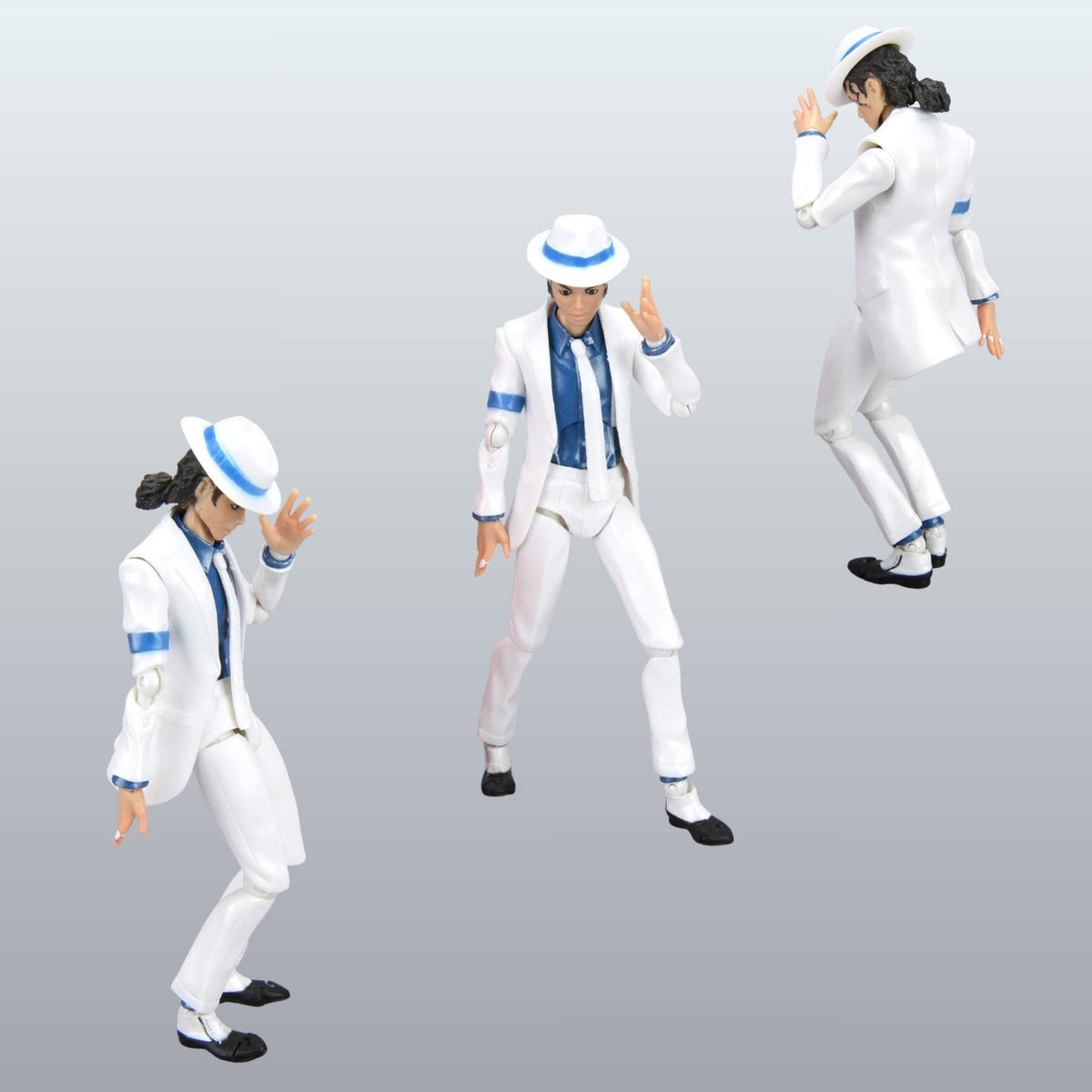Three views of a white action figure dressed in a white suit with blue accents, shown on a light gray gradient background.