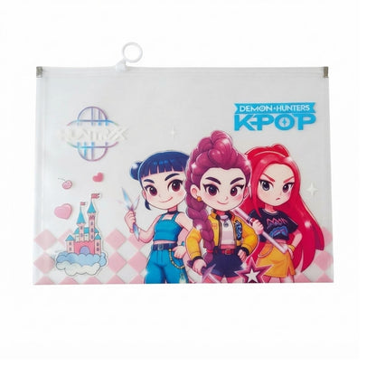 A clear plastic file pouch with a white header and a printed K-pop graphic featuring three cartoon characters, the text 'DEMON HUNTERS K-POP', and a castle illustration, shown on a white background.