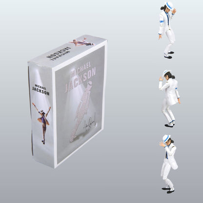 Michael Jackson 'Thrasher' collectible figure set shown with its packaging box on a light gray background. The box features Michael Jackson artwork, and the right side shows three small figures of the figure in different poses wearing a white suit with blue and white striped accents.