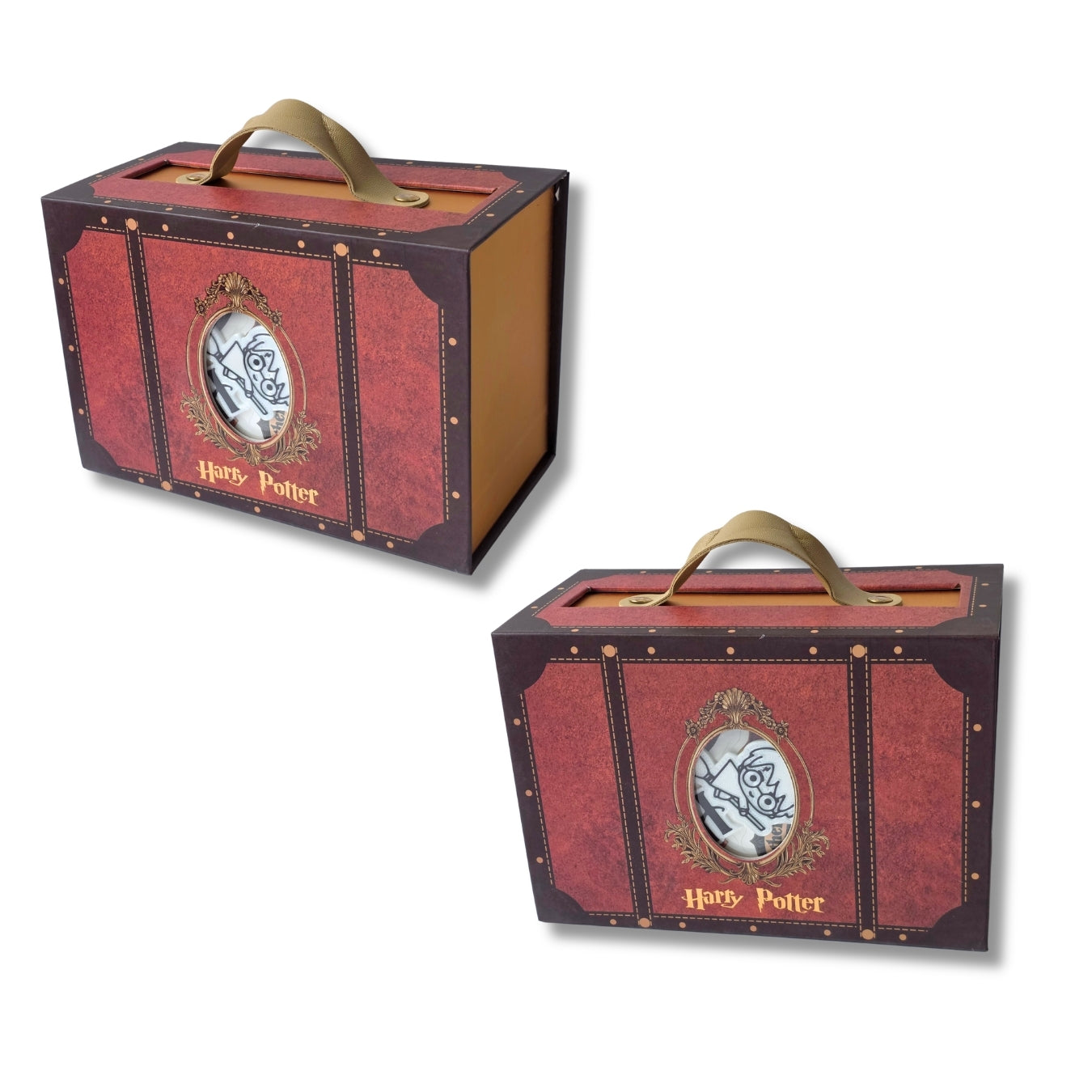 Two red and brown Harry Potter trunk-shaped coin boxes with gold handles and decorative gold trim, shown on a white background.