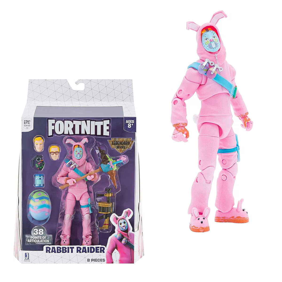 Fortnite Rabbit Raider 8-piece action figure shown next to its retail packaging on a white background. The figure is dressed in a pink bunny suit with a clock face on the hood, blue harness straps, and orange shoes.