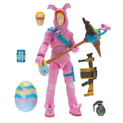 A pink Easter-themed action figure with bunny ears, holding a decorated ice cream cone weapon, shown with multiple accessories including a blue barrel, a patterned egg, a toy gun, a grenade, and a small alternate head on a white background.