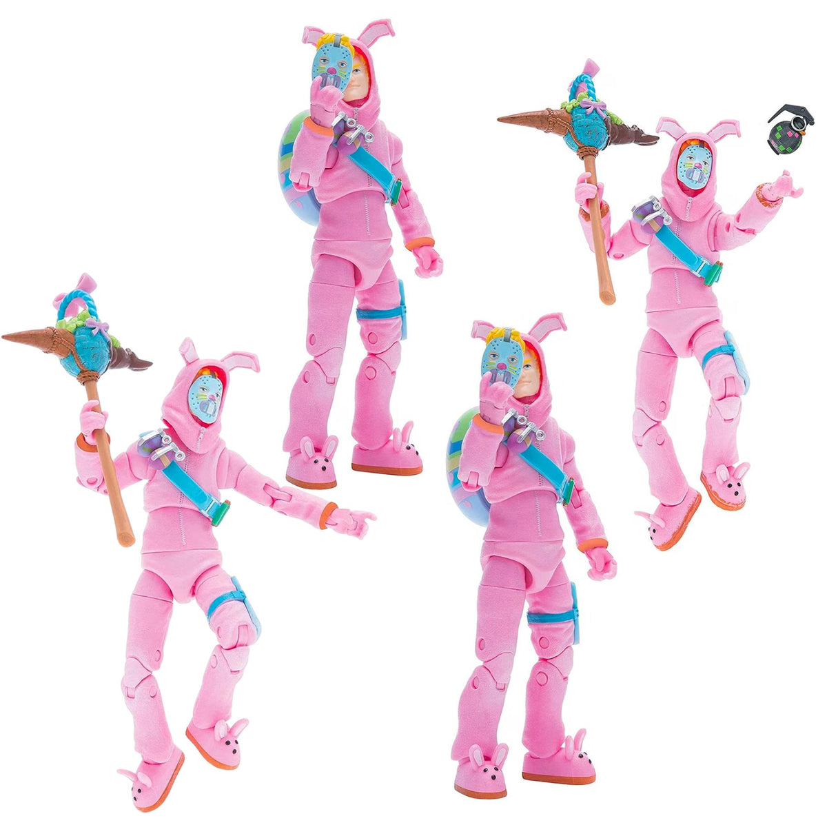 Five pink Easter-themed action figures wearing bunny suits and holding colorful maces, arranged on a plain white background.