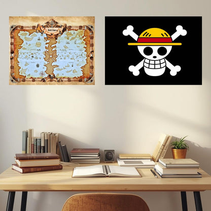 Pirate Map and Logo - One Piece Posters - Set of 2 (13 x 19 inch each)