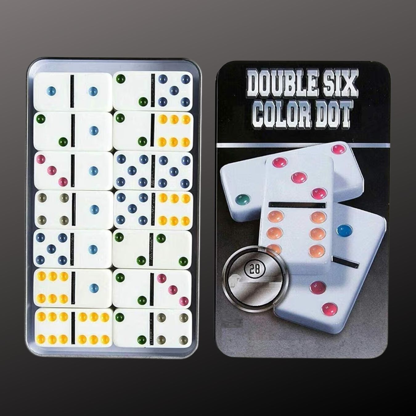 double six color dot dominoes set 28 tiles with tin storage case