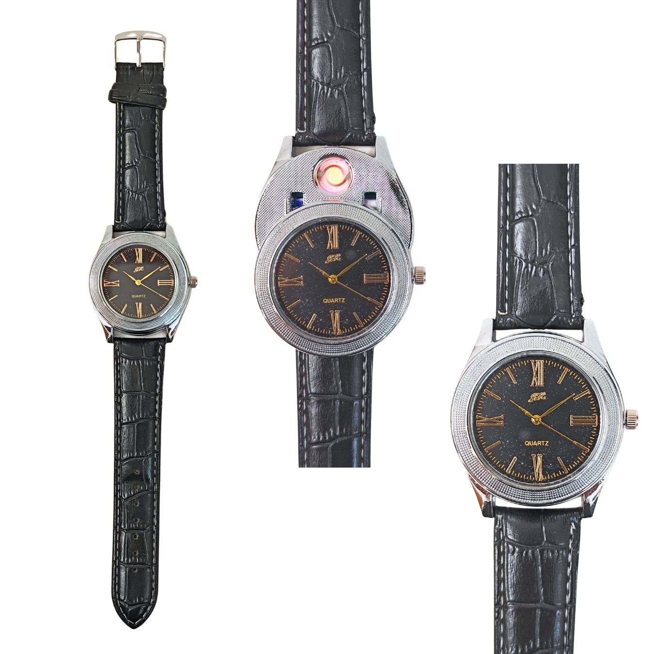 Wrist Watch (Black Dial) - USB Chargeable Flameless Metal Lighter with Fully Functional Watch
