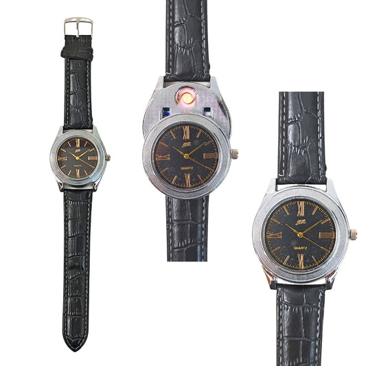 Wrist Watch (Black Dial) - USB Chargeable Flameless Metal Lighter with Fully Functional Watch