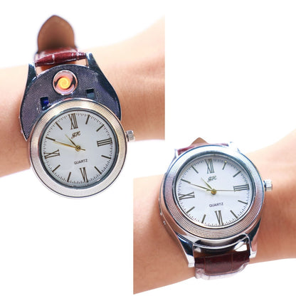 Wrist Watch (Black Dial) - USB Chargeable Flameless Metal Lighter with Fully Functional Watch