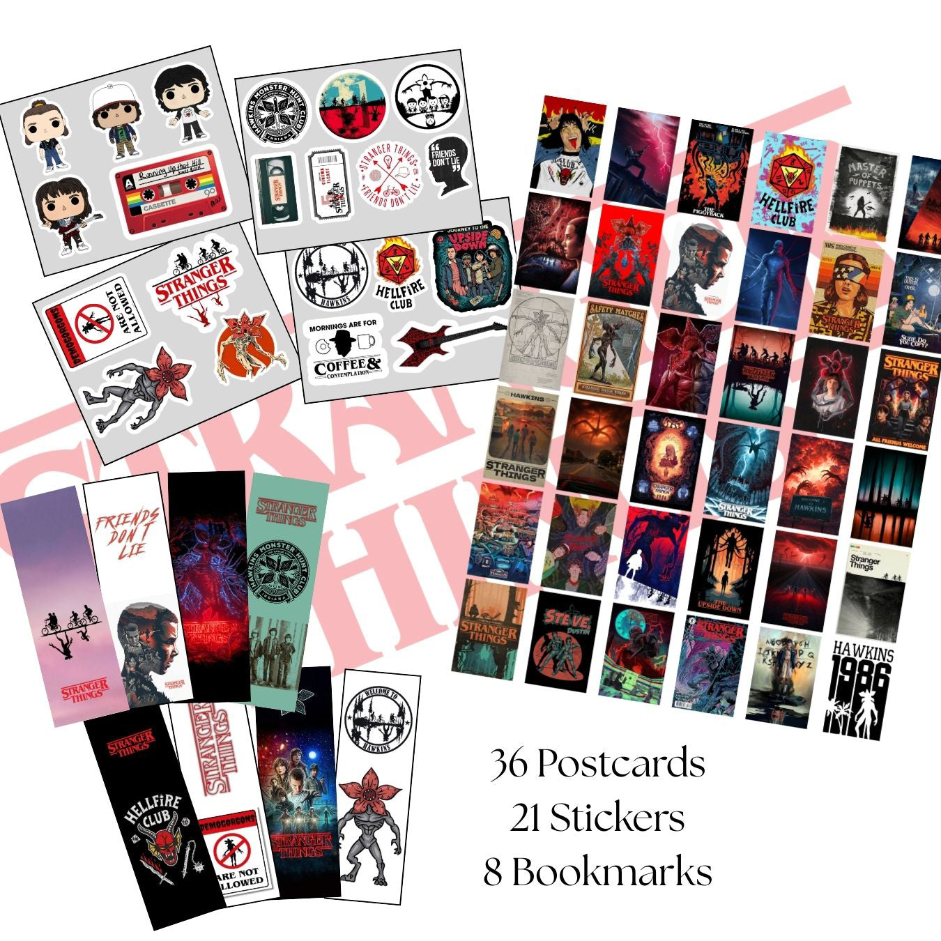 The Ultimate Stranger Things Set - 36 Postcards (10*15 cm), 21 Stickers (~6 cm) & 8 Bookmarks (15*5 cm)