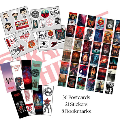 The Ultimate Stranger Things Set - 36 Postcards (10*15 cm), 21 Stickers (~6 cm) & 8 Bookmarks (15*5 cm)