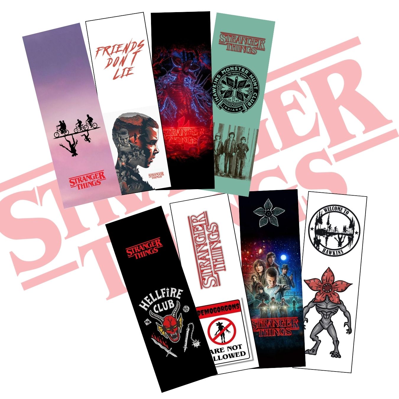 The Ultimate Stranger Things Set - 36 Postcards (10*15 cm), 21 Stickers (~6 cm) & 8 Bookmarks (15*5 cm)