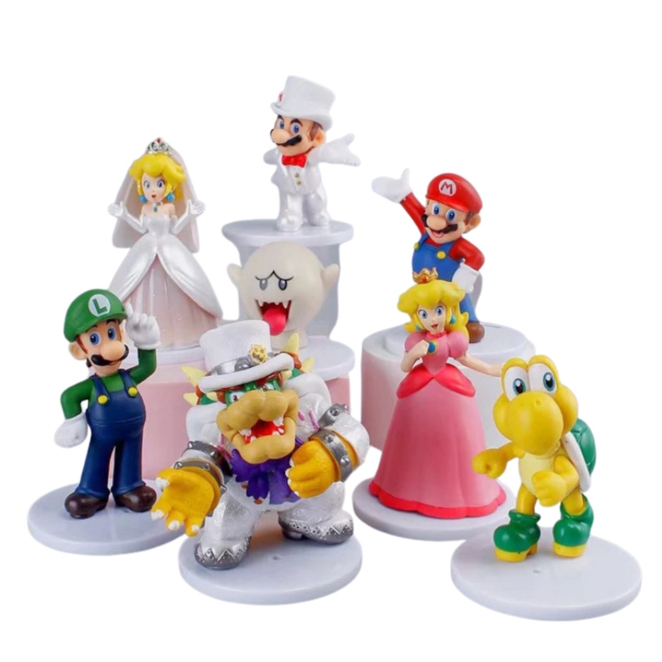 A set of seven Super Mario character figurines displayed on white circular stands against a plain white background. The collection includes Mario, Luigi, Princess Peach, Bowser Jr.