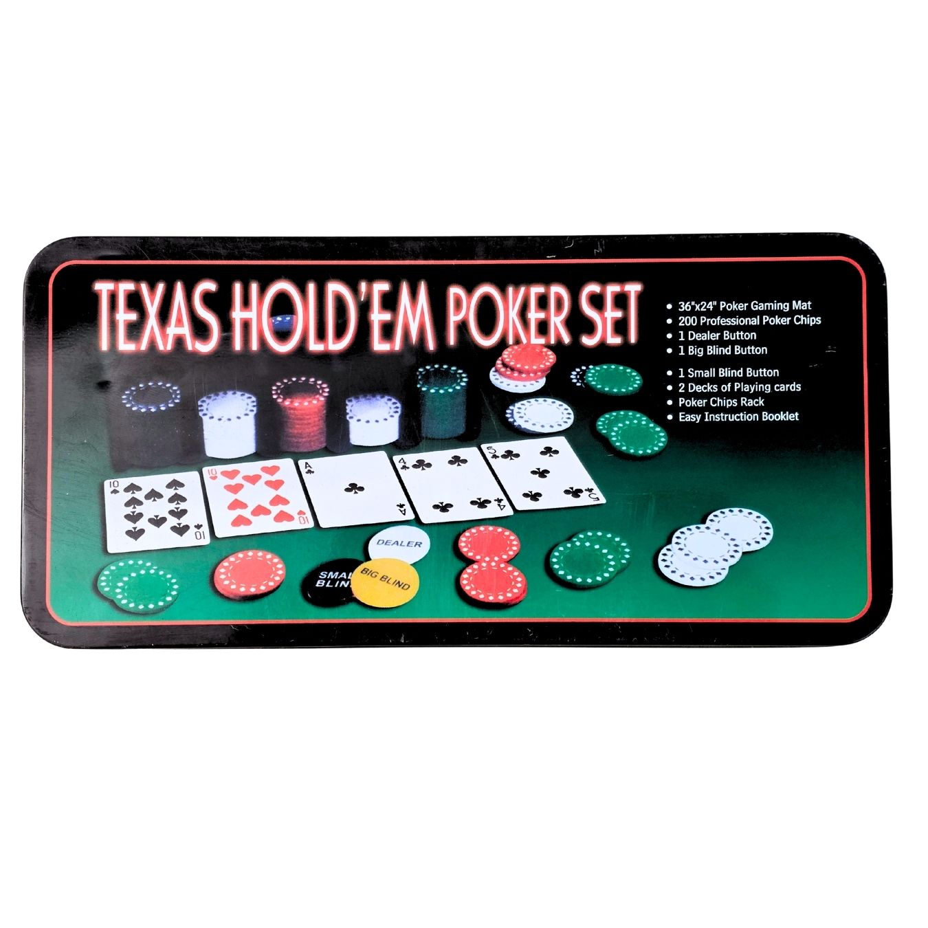 Texas Poker Set - Box Includes 200 Professional Poker Chips, 2 Card Decks, 36*24 inch Poker Mat & Chips Rack