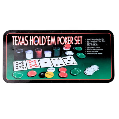 Texas Poker Set - Box Includes 200 Professional Poker Chips, 2 Card Decks, 36*24 inch Poker Mat & Chips Rack