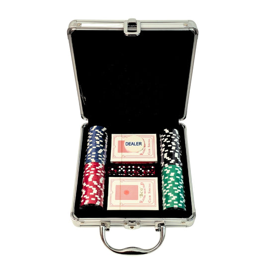 Silver Case Poker Set - Premium Case Includes 100 Casino Size Poker Chips, 2 Card Decks & 5 Dice