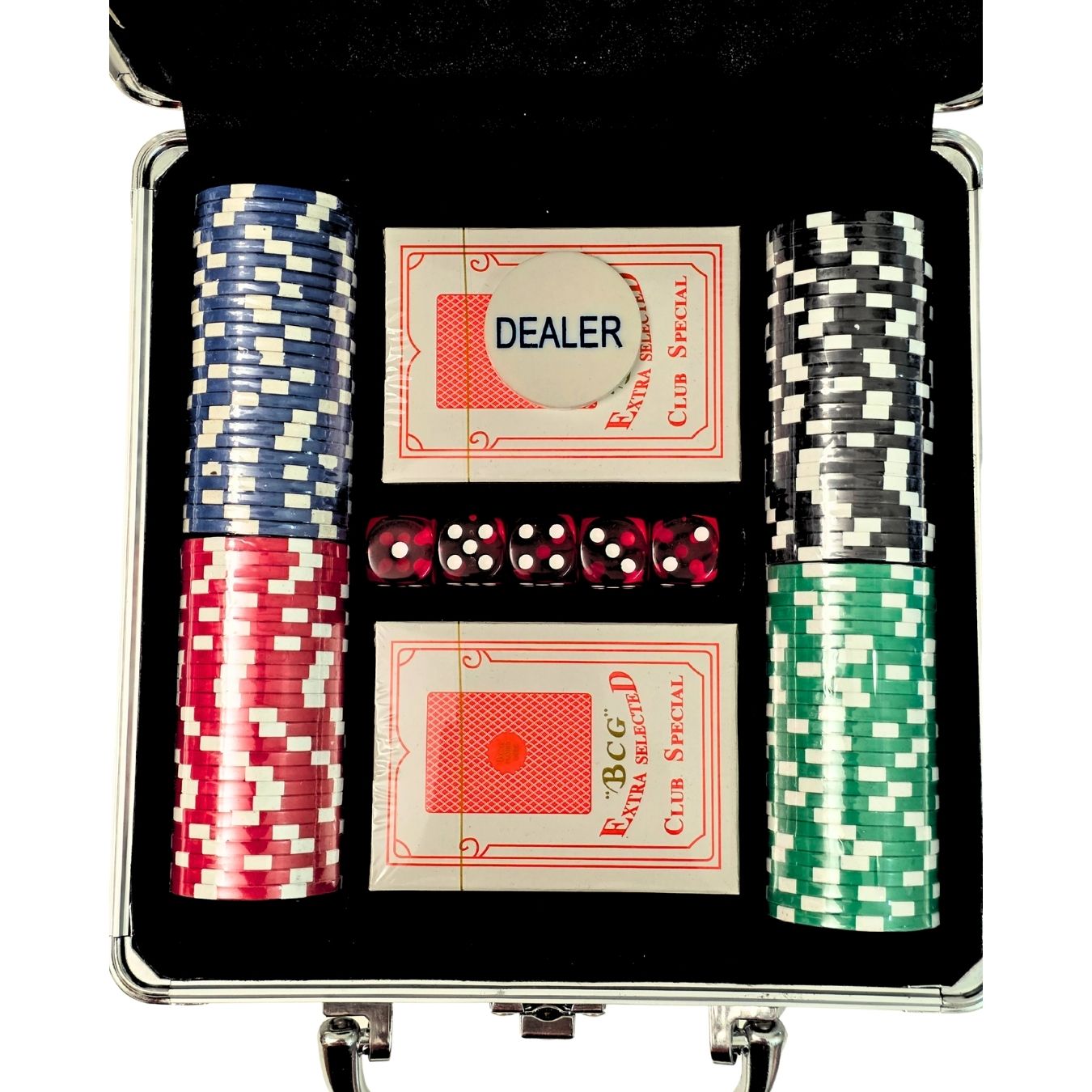 Silver Case Poker Set - Premium Case Includes 100 Casino Size Poker Chips, 2 Card Decks & 5 Dice