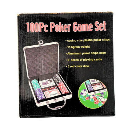 Silver Case Poker Set - Premium Case Includes 100 Casino Size Poker Chips, 2 Card Decks & 5 Dice