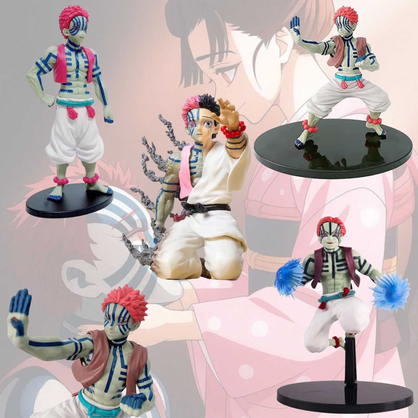 anime character figurines on stands with a pink and gray abstract background.
