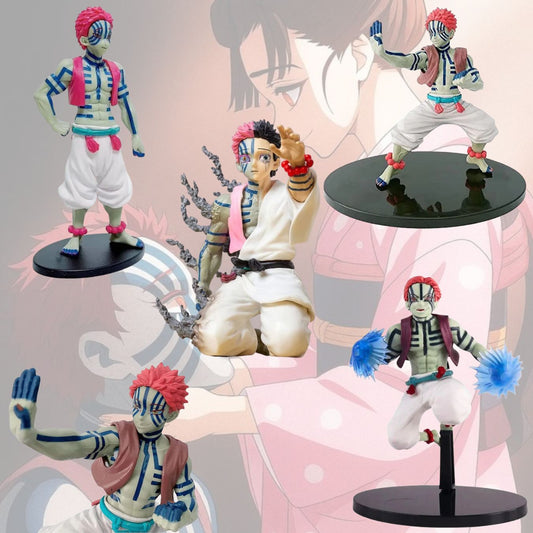 anime character figurines on stands with a pink and gray abstract background.