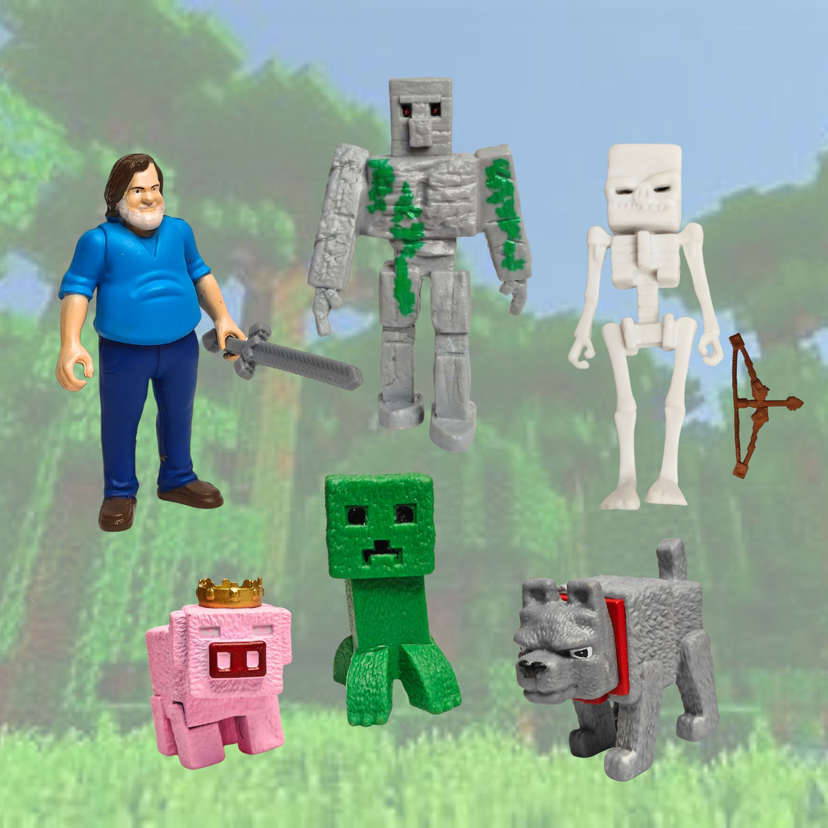A set of Minecraft-themed action figures and accessories arranged against a blurred green forest background. The set includes a Steve figure in a blue shirt holding a sword, a gray stonecutter, a white skeleton with a bow, a green creeper, a pink pig with a gold crown, and a gray dog with a red collar.